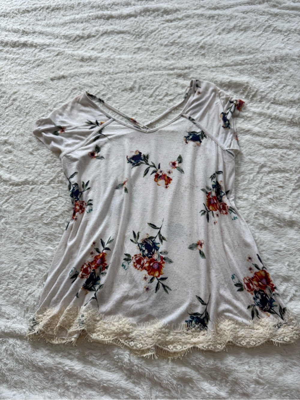 Rewind Cream Floral V-Neck Top with Lace Trim
